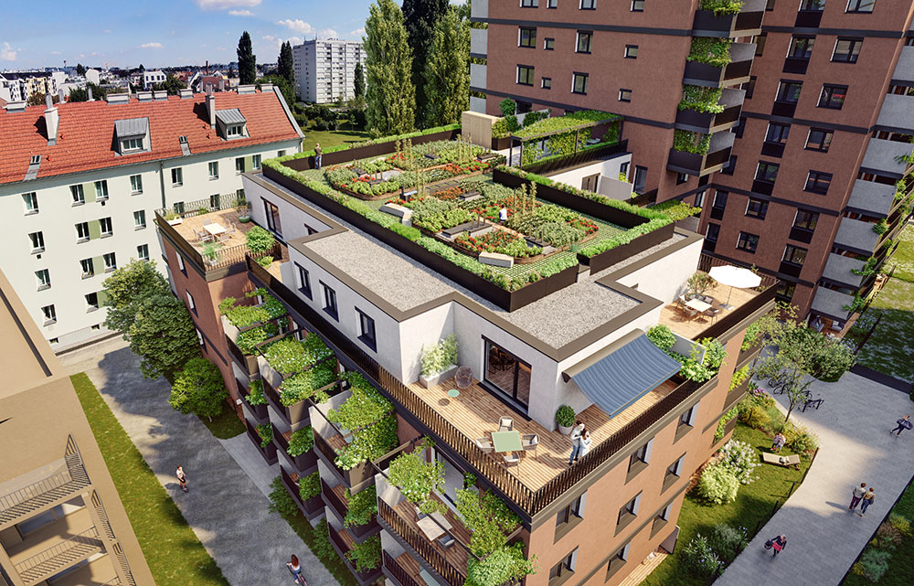 Vogelperspektive Dachgärten Wohnanlage Attemsgarten Wien