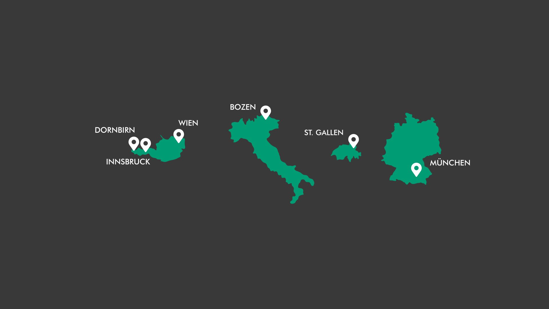 ZIMA Standorte eingezeichnet auf Landkarten Österreich, Italien, Schweiz, Deutschland