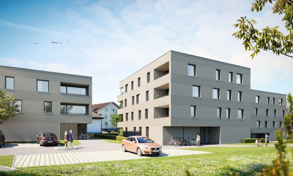 Visualisierung Außenansicht Eigentumswohnungen und Parkplatz Wohnanlage Bachgasse in Dornbirn