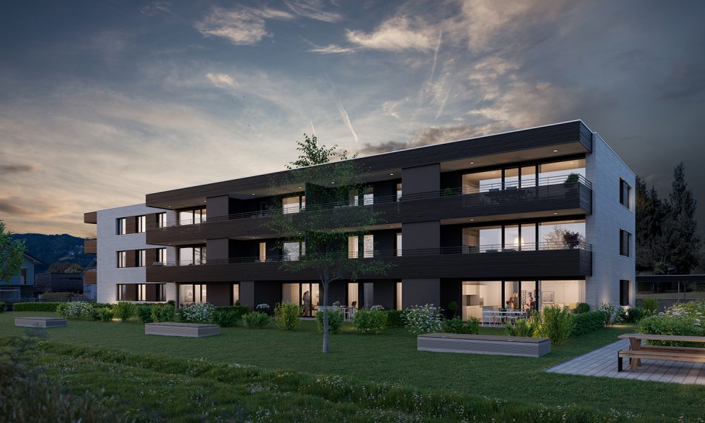 Visualisierung Außenansicht Wohnen am Giessen in Höchst mit Eigentumswohnungen in zwei Baukörpern bei Nacht