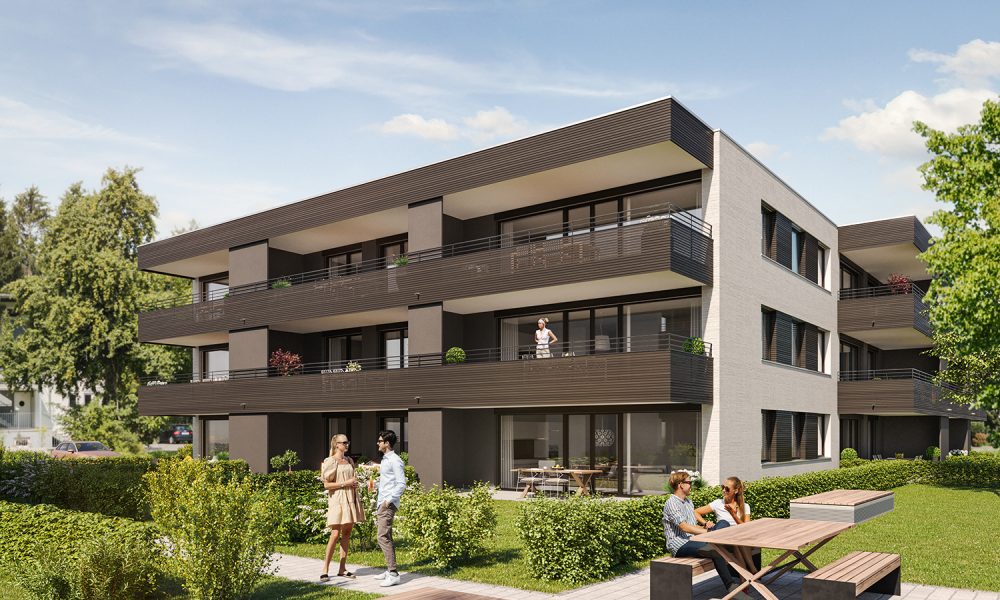 Visualisierung Außenansicht Eigentumswohnungen mit Gärten und Terrassen sowie Holzelementen an der Fassade, Wohnen am Giessen in Höchst