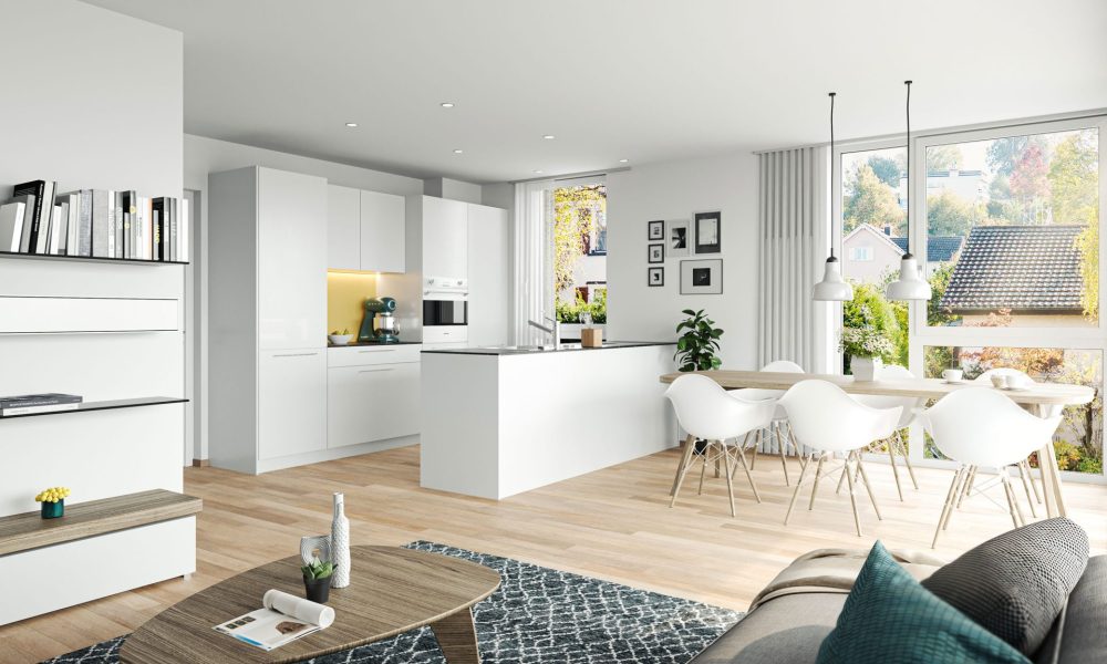 Innenvisualisierung Wohnraum mit Fokus auf Küche Eigentumswohnung Lehnstrasse St. Gallen