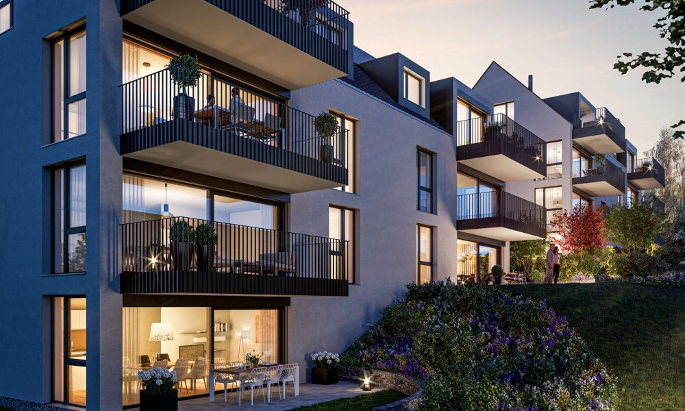 Visualisierung Wohnprojekt Lehnstrass in St. Gallen bei Nacht mit Blick auf Gärten und Balkone