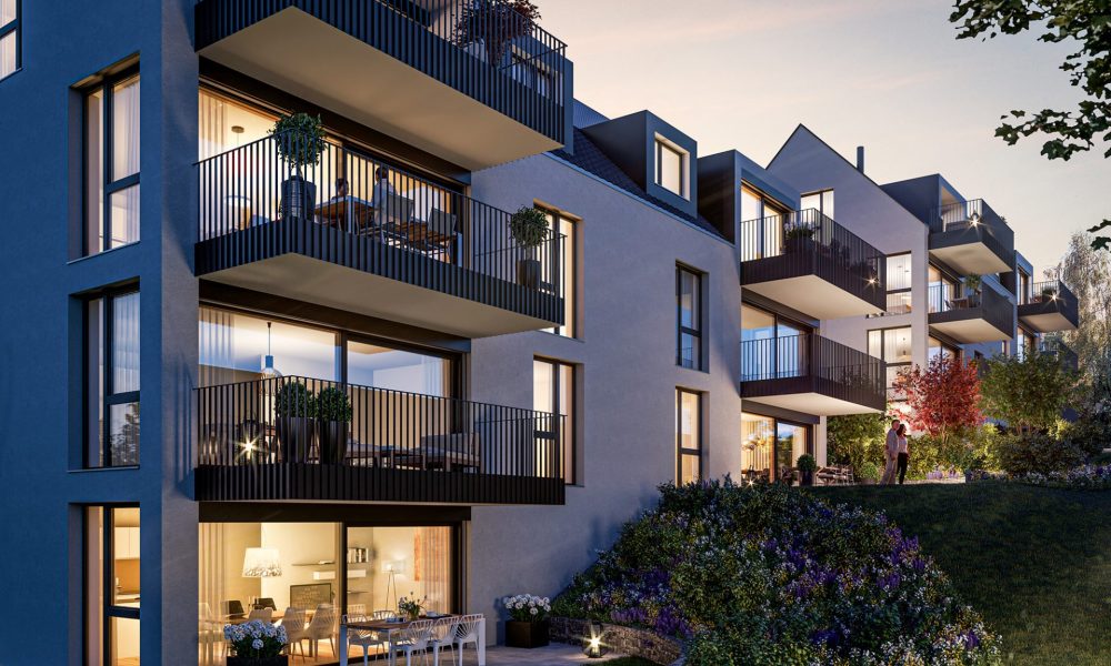 Visualisierung Wohnprojekt Lehnstrass in St. Gallen bei Nacht mit Blick auf Gärten und Balkone