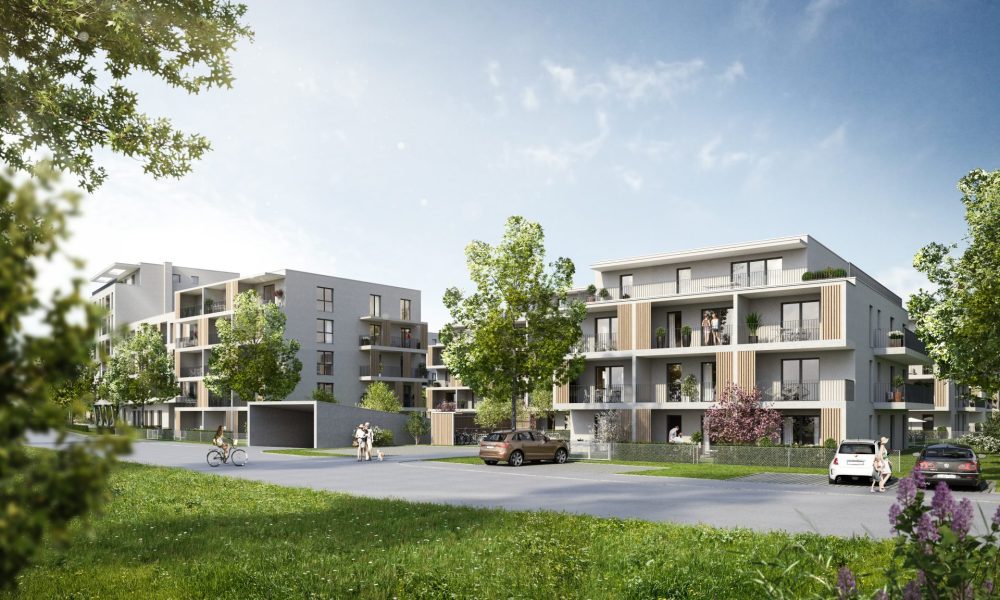 Visualisierung Außenansicht Wohnhäuser, Balkone, Terrassen des Wohnquartiers Römertor in Gersthofen