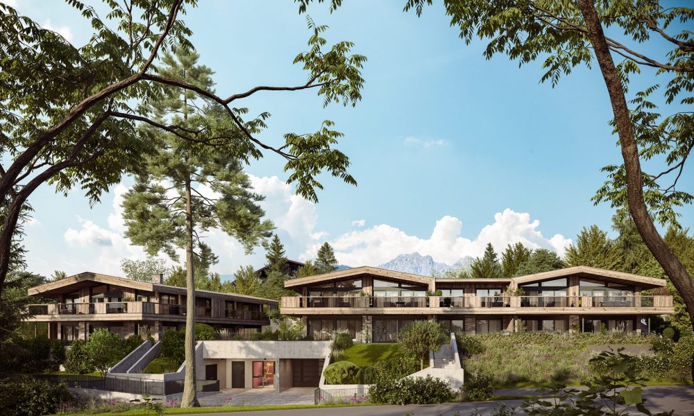 Visualisierung Gesamtansicht Wohnprojekt das Lutzenberg in Kitzbühel mit zwei Baukörpern und Tiefgarage