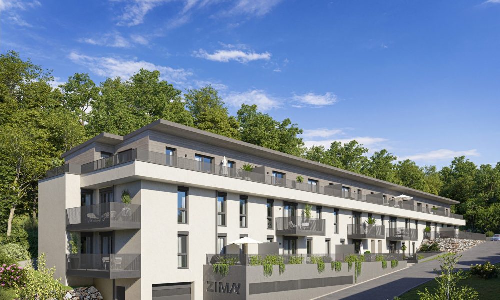 Visualisierung Wohnprojekt Badgasse in Hopfgarten im Brixental, Außenansicht mit Balkonen und Zufahrt zur TG